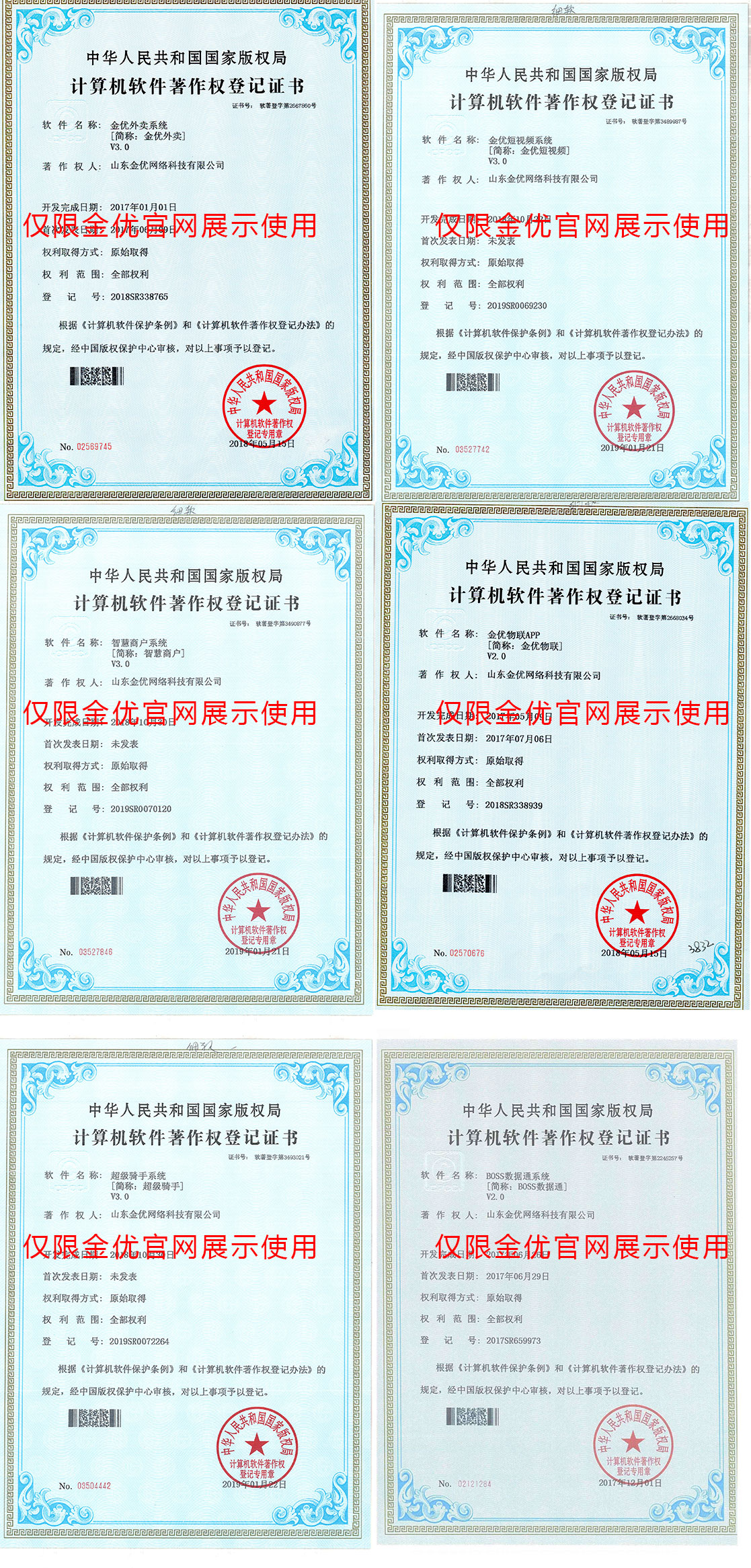 金優科技軟件著作權證書